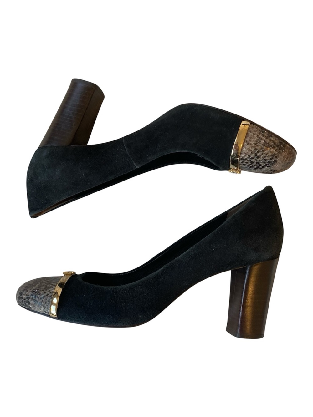 Tory Burch Pacey Black Suede Snake Cap Toe Block Heel Pumps Women’s 7